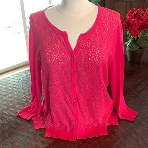 August Silk Fuschia Cardigan with Clear Crystal Buttons and Accent Scallop Hem